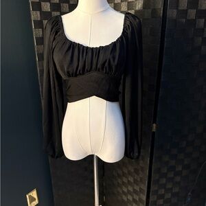 Forever 21 Black Long-Sleeve Satin Wrap Crop Top